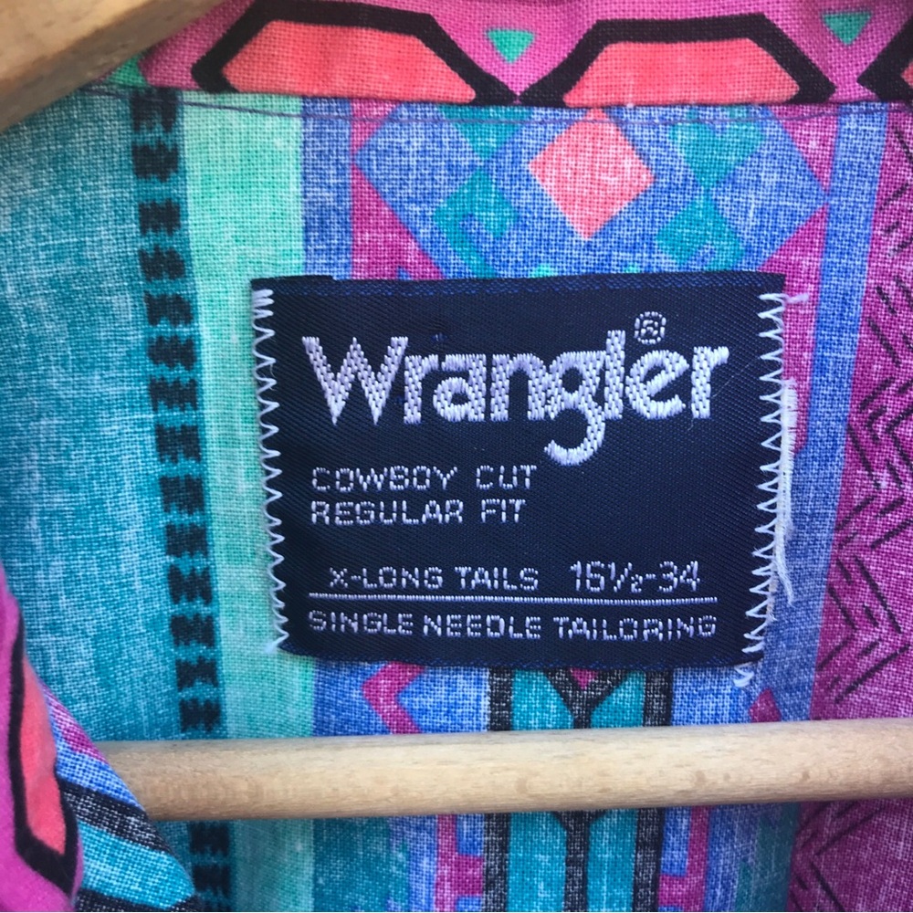 Vintage 90s Wrangler Southwest Aztec Navajo Print Cowboy Rodeo Shirt 16 1/2 - 34 - Picture 5 of 6